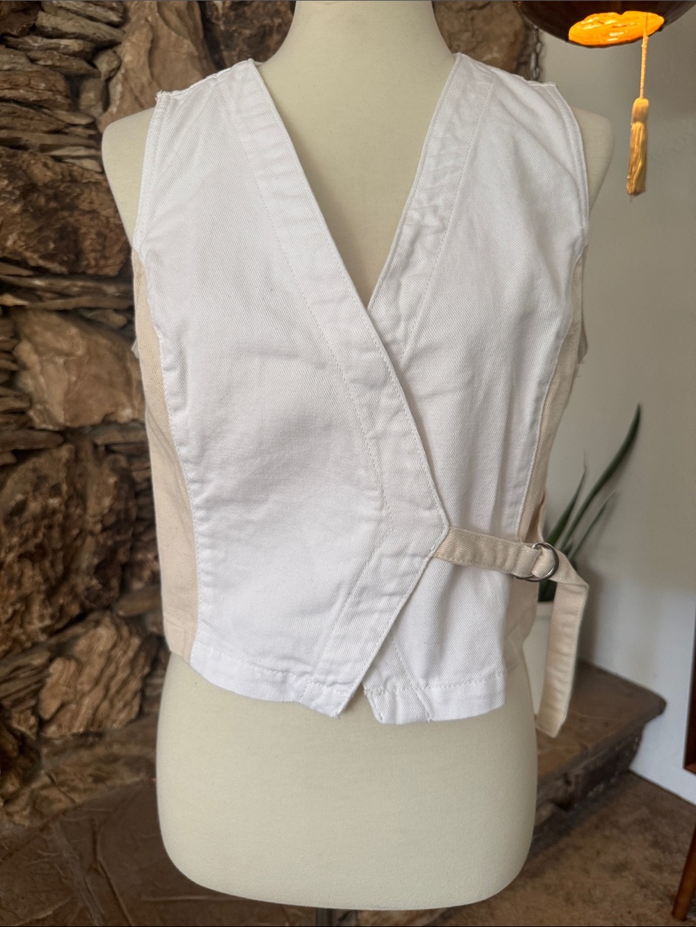 Zara White and Beige Denim Wrap-Front Vest